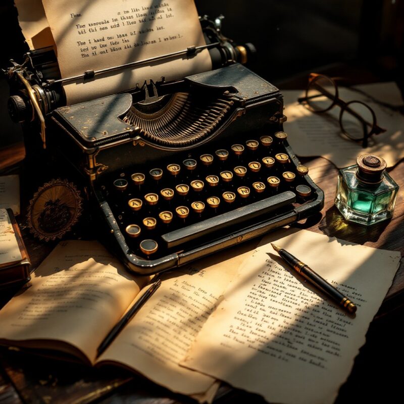 Image of a typewriter next to a pen and paper