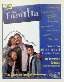 An image of a flyer promoting Austin Community College's "Dia de la Familia", or Family Day, held on April 26, 2008. This image is printed in Spanish.