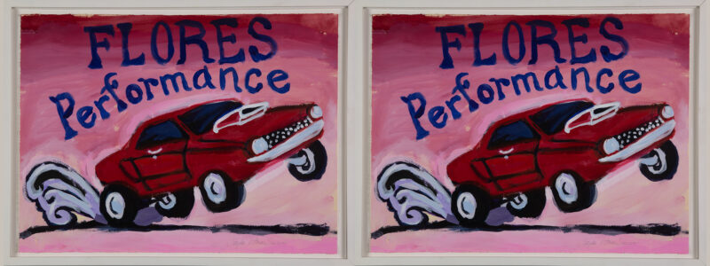 High Performing Low Rider by Victoria Suescum, a painting of a low-rider on its back wheels with the words Flores Performance