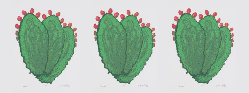 No Palitos II by Jonathan Rebolloso, three images of cacti featuring the Virgin Mary