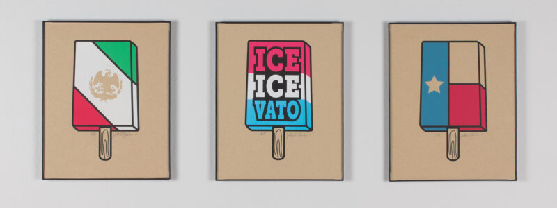Title: Paletas (Triptych) by Jonathan Rebollos, three paintings of ice cream cones, one featuring the Mexican flag, one a red. white, and blue flag that says Ice Ice Vato, and a third featuring the Texan flag