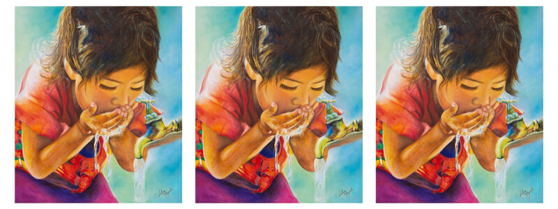 Pure by Leticia Mosqueda, a painting of a young girl drinking water (image repeated three times)
