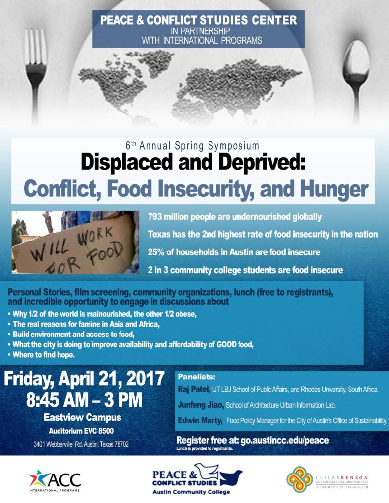 text of 2017 PACS Symposium with photo of a globe, a fork, and a sign saying "Will Work For Food"