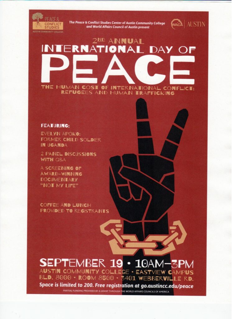 flier with a hand in chains showing the peace sign
