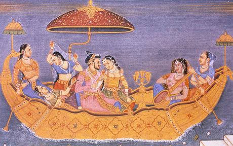 Classical painting of five Indian women with a man enjoying themselves on a boat